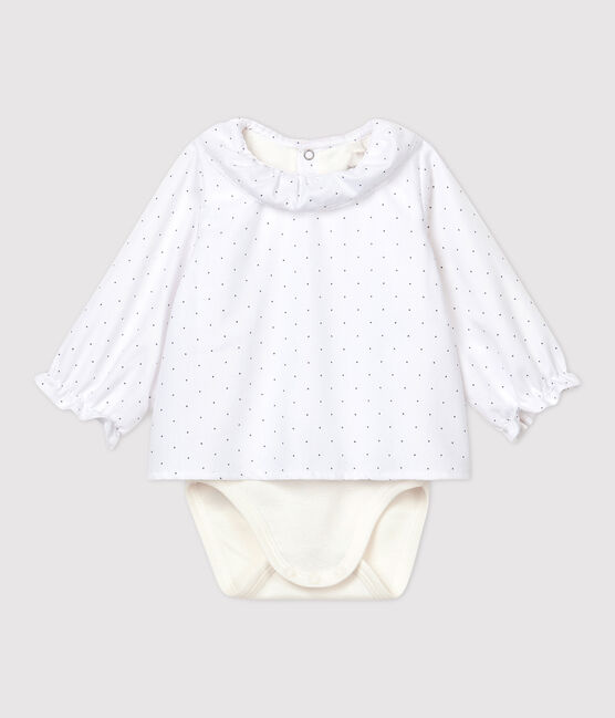 Bbody a maniche lunghe e colletto bebè femmina in twill di cotone biologico bianco MARSHMALLOW/grigio GRIS
